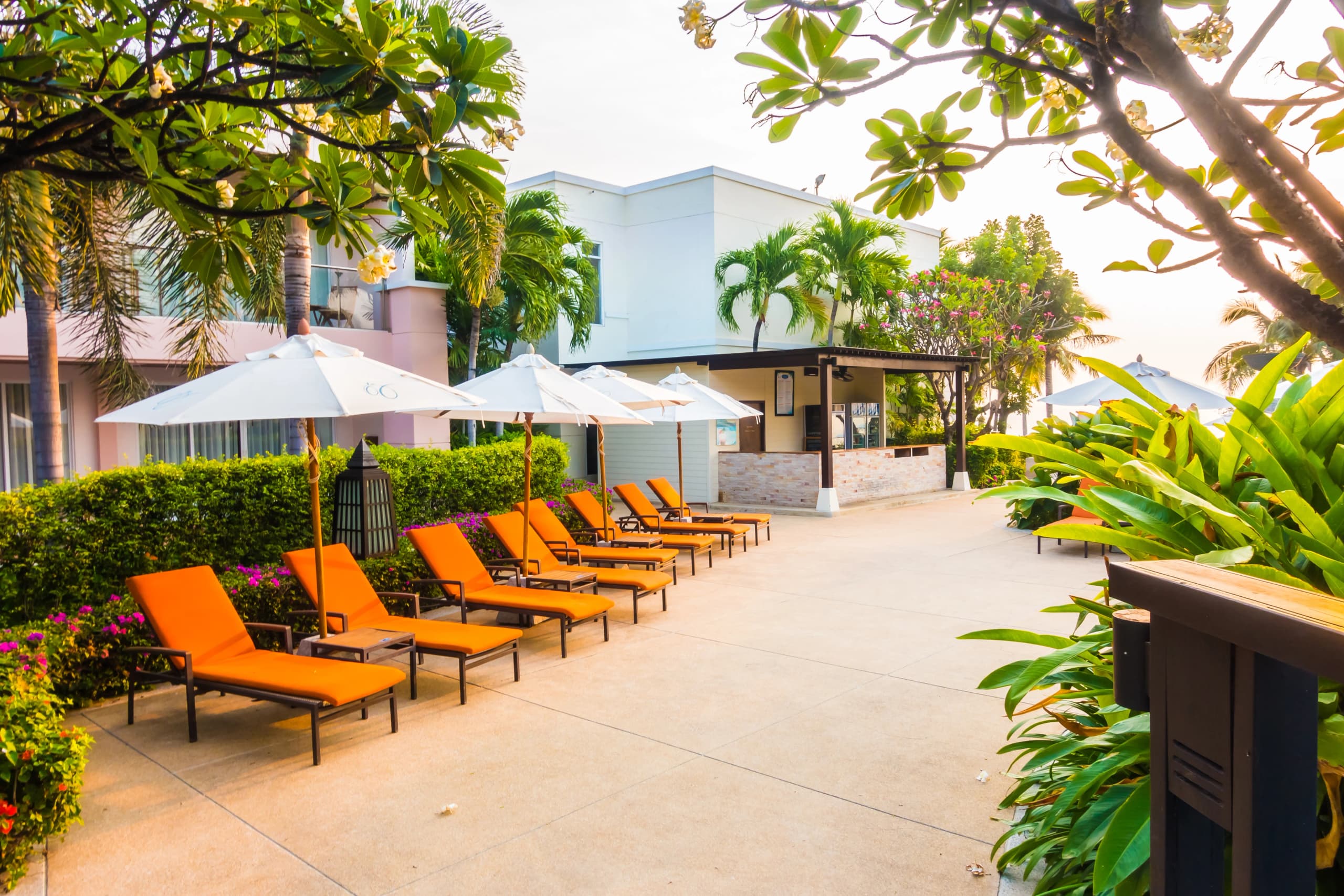 A boutique hotel lobby at golden hour